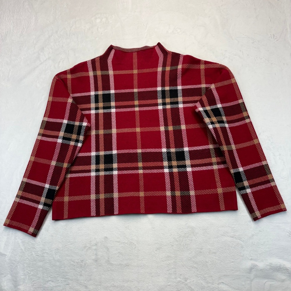 Tahari Red Plaid Mock Neck Knit Sweater Top XL Long Sleeve Rayon Blend